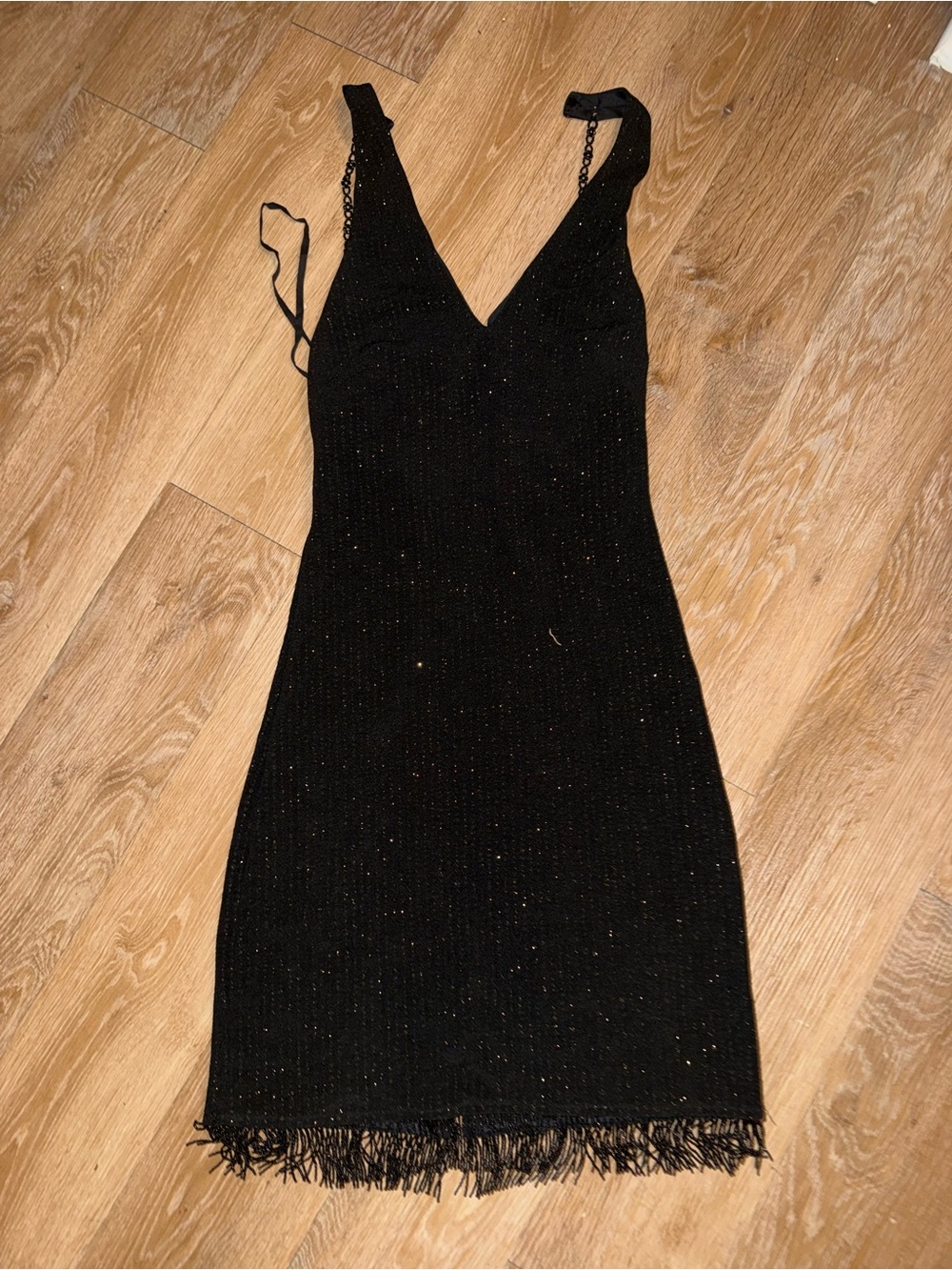 Bari Jay Black Sparkle Fringe V-Neck Mini Dress